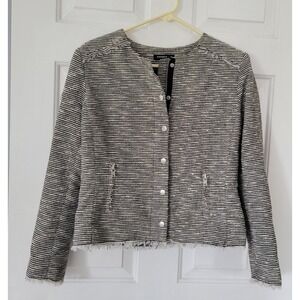 Kenna-T Tweed Jacket Medium Black Ivory Cropped Fringe Lady Jacket Quiet Luxury